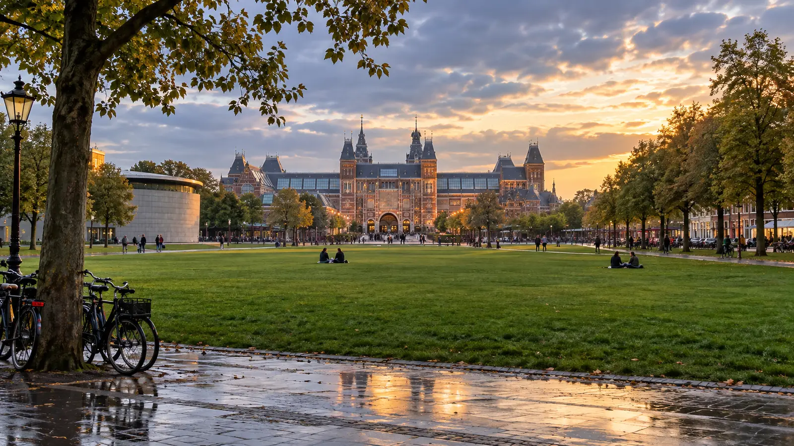 Museumplein lawn and the Rijksmuseum after rain