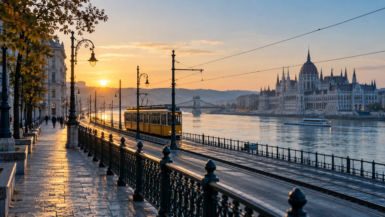 Yellow tram travelling along the Budapest Danube embankment
