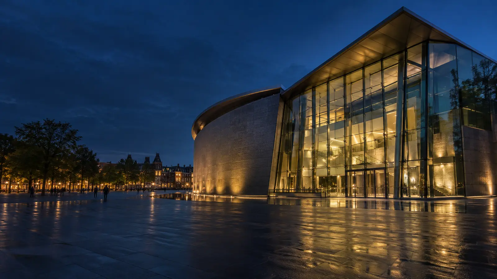 Modern museum architecture in Amsterdam at blue hour